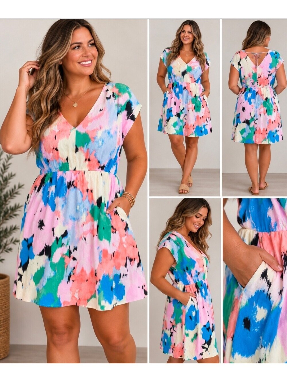 Ava & Viv XXL Abstract Brushstroke V-Neck Dress Pockets Plus Size